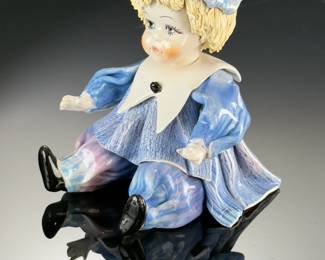 Signed LINO ZAMPIVA Ceramic Spaghetti Doll Figurine Blonde Hair Blue Dress Vintage Italian