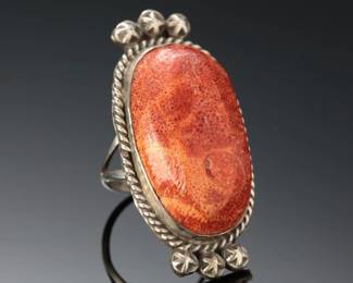 Vintage Navajo Sterling Silver & Coral Ring Signed SZ: 7.75 Native American Jewelry