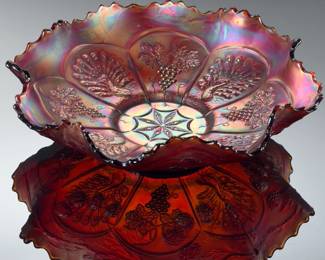 Vintage Fenton Carnival Glass Peacock & Grape Brick Red Bowl