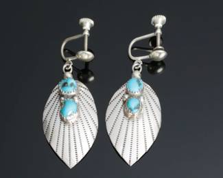 Silver & Turquoise Leaf Earrings Clip-On
