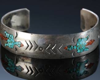 Vintage Navajo Peyote Bird Turquoise & Coral Chip Inlay Cuff Bracelet Native American Jewelry