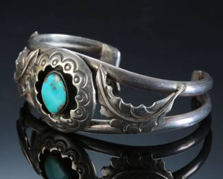 Navajo Silver & Turquoise Shadowbox Cuff Bracelet Signed Native American Jewelry