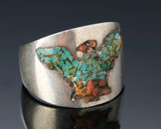 Early Primitive Harvey Crushed Turquoise & Coral Eagle Sterling Ring Sz: 10 Native American Jewelry