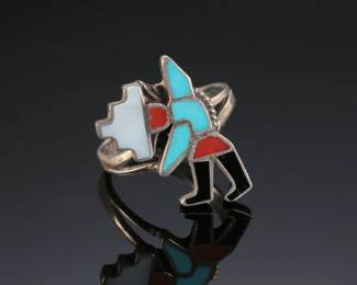 Vintage Zuni Multi-Stone Inlay Knifing Rainbow Man Ring Native American Jewelry