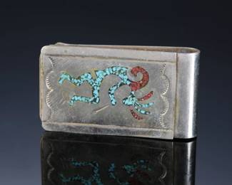 Vintage Navajo Turquoise & Coral Chip Inlay Kokopelli Money Clip