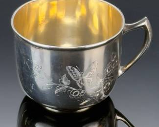 Antique Sterling Silver Butterfly & Flora Coffee Cup & Saucer