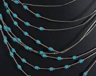 Native American Multi-Strand Liquid Silver & Turquoise Necklace