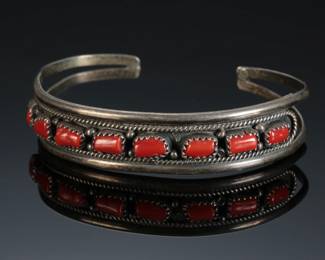 Vintage Navajo Coral & Sterling Silver Cuff Bracelet Singed Native American Jewelry