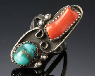 Navajo Richard Begay Silver Turquoise & Coral Ring SZ: 5.5 Native American Jewelry