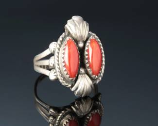 Navajo Tully Sam Silver & Coral Ring SZ: 7.5 Native American Jewelry