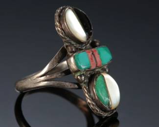 Vintage Zuni Multistone Inlay Ring Singed Sunburst Native American Jewelry