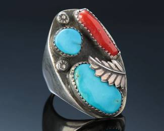 Vintage Navajo Blue Carico Lake Turquoise & Coral Ring SZ: 12.5 Native American Jewelry