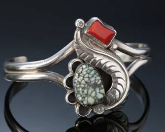Navajo Donny & Dorothy Clark Damale Turquoise & Coral Silver Cuff Bracelet SZ: 6.5 Native American Jewelry