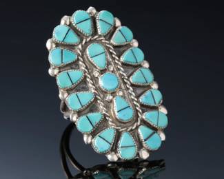 Vintage Zuni/Navajo Turquoise Jet Oversize Ring SZ: 8.25 Native American Jewelry
