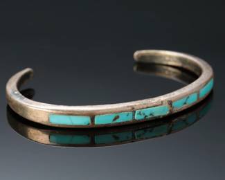 Vintage Native American Silver & Turquoise Inlay Cuff Bracelet SZ: 6