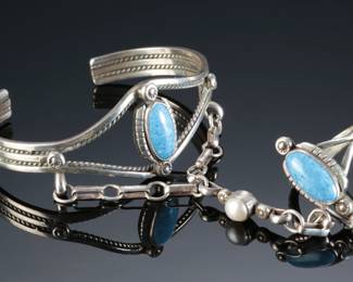 Navajo Sterling Silver & Turquoise Cuff Bracelet & Slave Ring Native American Jewelry