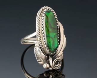 Navajo Sterling & Large Green Ammonite Ring SZ: 8 Signed Justin Morris Native American Jewelry