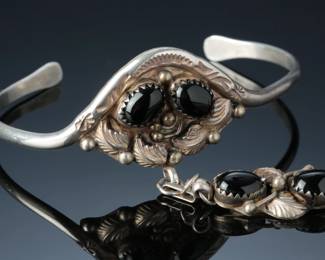 Navajo Richard Begay Sterling Silver & Onyx Cuff Bracelet & Slave Ring Native American Jewelry