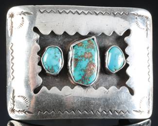 Vintage Navajo Silver & Turquoise Shadowbox Belt Buckle Native American