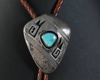 Vintage Navajo Turquoise & Silver Shadowbox Bolo Tie Native American Jewelry
