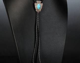 Navajo Sterling Silver & Turquoise Arrowhead Bolo Tie Native American Jewelry