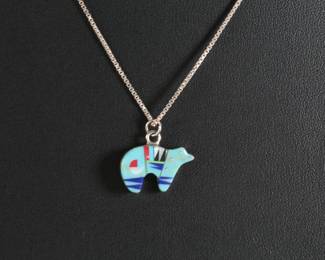 Sterling Silver Zuni Bear Pendant & Necklace