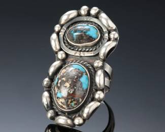 Vintage Navajo Silver & 2-Stone Bisbee Turquoise Ring: SZ: 7.25 Native American Jewelry