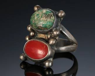 Vintage Navajo Turquoise & Coral Silver Ring Native American Jewelry