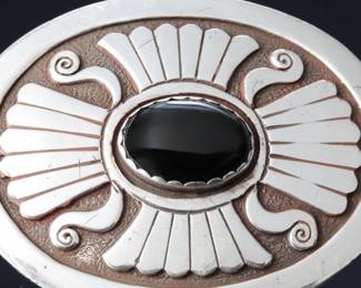 Navajo Bernice Bonney Sterling Silver Overlay & Onyx Belt Buckle Native American