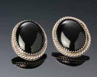 Navajo Louie Montoya Sterling SIlver & Onyx Cabochon Earrings Native American Jewelry