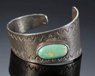 Antique Navajo Tufa Cast Silver & Turquoise Cuff Bracelet Native American Jewelry