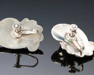 Vintage Mexican Puffy Silver & Onyx Earrings Clip-On