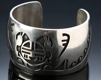 HUGE Hopi Silver Overlay Yei Face Cuff Bracelet SZ: 8.5 SIGNED Native American Jewelry