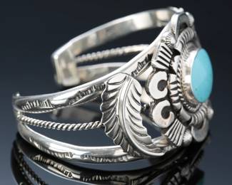 Navajo Running Bear Sterling Silver & Sleeping Beauty Turquoise Cuff Bracelet SZ: 6.75 Native American Jewelry