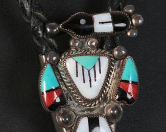 Zuni Multistone Inlay Magpie Thunderbird Bolo Tie Native American Jewelry