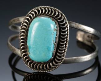 Navajo Traditional Turquoise & Silver Cuff Bracelet Native American Jewelry