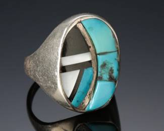Large Zuni Inlay Turquoise Channel Jet & Mop Sterling Ring SZ: 10.25 Native American Jewelry