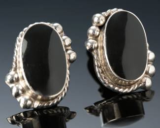Vintage Mexican Sterling Silver & Onyx Clip-On Earrings