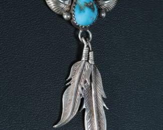 Navajo Sterling Silver & Turquoise Feather Necklace Signed ES Native American Jewelry