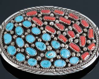 Navajo Irene Chiquito Sterling Silver Turquoise & Coral Belt Buckle Native American