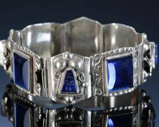 Vintage Mexican Silver &Blue Glass Hinged Panel Bracelet Hecho En Mexico