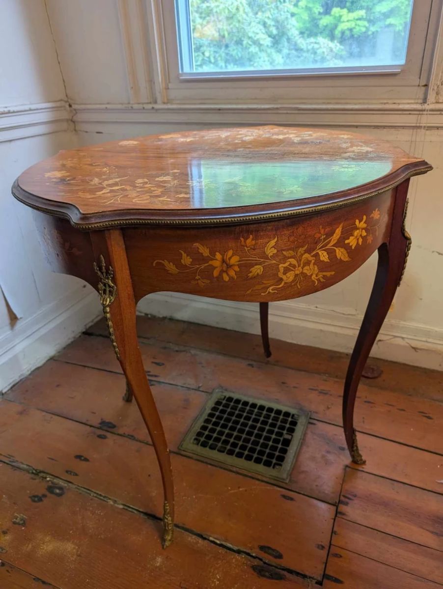 Antique Cherry Inlaid Table with brass appointments, 29" tall