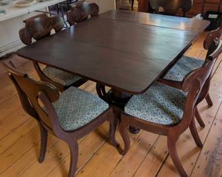 Walnut drop leaf Empire table with 6 chairs