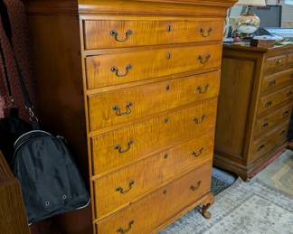 Queen Anne Chest of drawers, tiger maple, six drawers, dovetailed, chamfered bottom, 58 1/2" tall