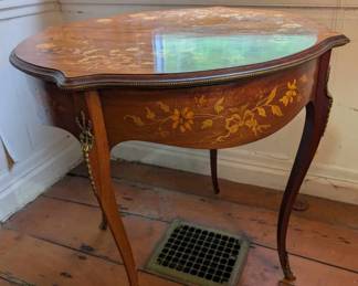 Antique Cherry Inlaid Table with brass appointments, 29" tall