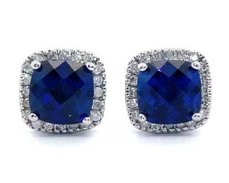 NEW! 0.15 Carat Blue Sapphire & Pavé Diamond Halo Stud Earrings in 14k White Gold