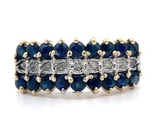 Blue Sapphire & Diamond Triple Row Cluster Ring in 14k Yellow Gold