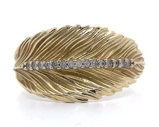 Designer Adi Paz Pavé Diamond Line Leaf Ring in 14k Yellow Gold