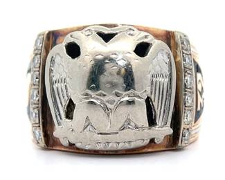 0.15 Carat Vintage Masonic 32nd Degree Natural Diamond Double-Headed Eagle Ring in Two-Tone Gold