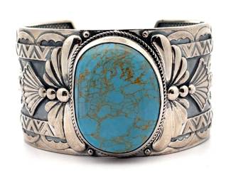 Bold XL Sterling Silver Turquoise Navajo Highly Textured Open Bangle Bracelet